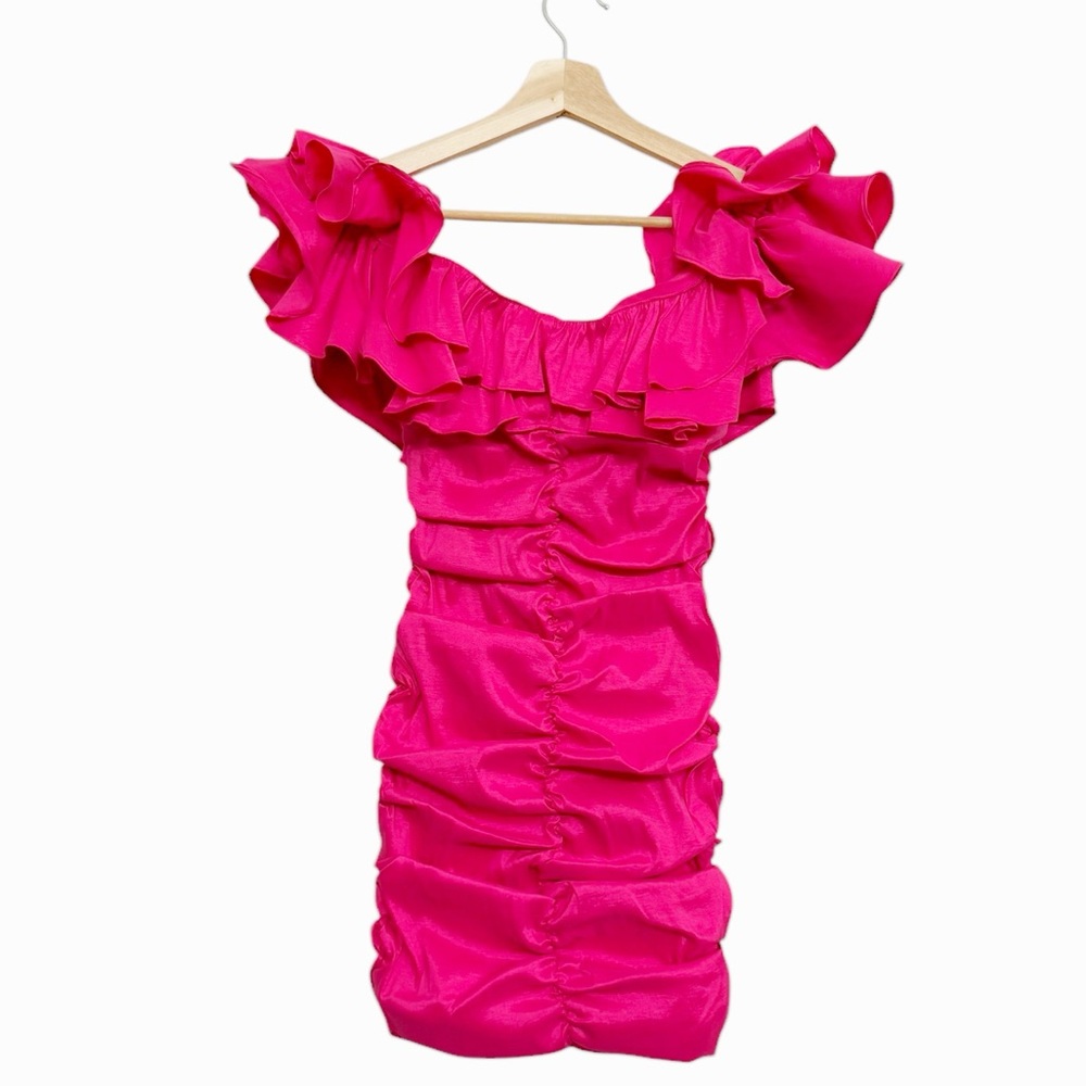 NWT Lovers + Friends Nikolina Ruffles Off-Shoulder Ruched Dress in Magenta Sz S - Picture 8 of 15